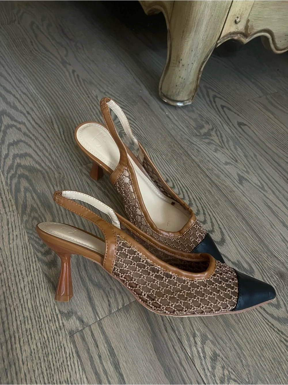 Shoe Dazzle Brown Mesh Slingback Heels with Black Pointed Toe Cap